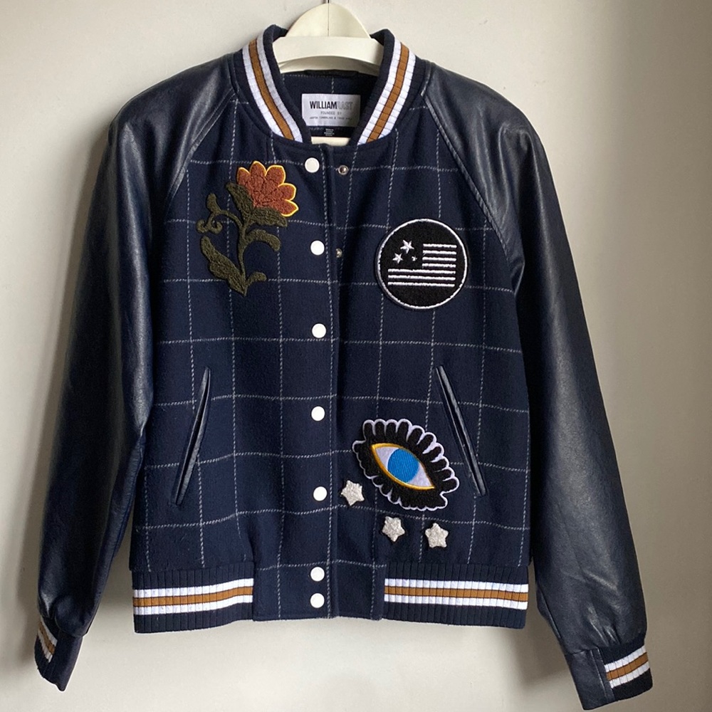 Navy blue bomber jacket unique piece.